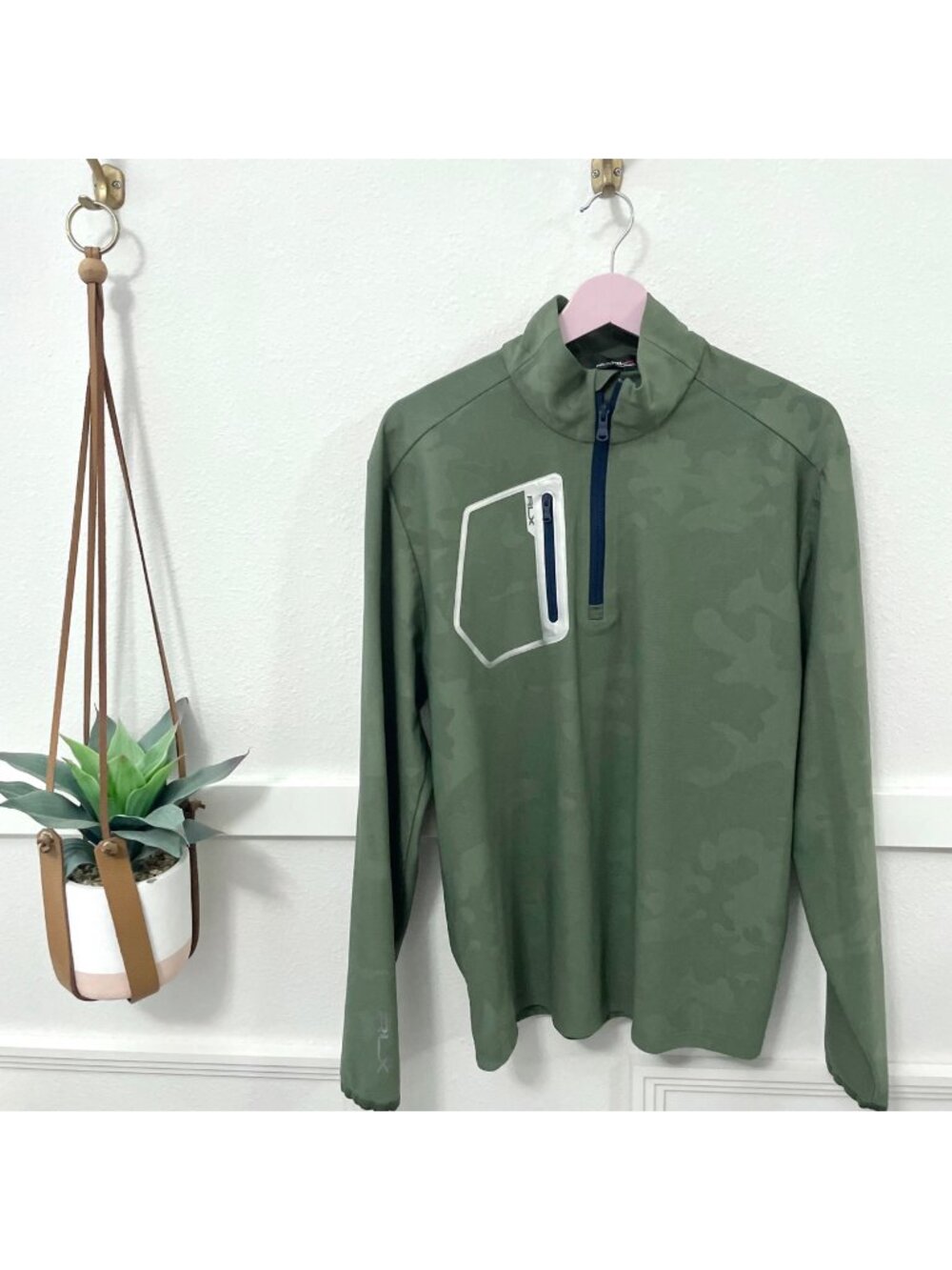 RLX Ralph Lauren Men's Quarter Zip Brushed Back Tech Golf Jersey Cargo Green Cam